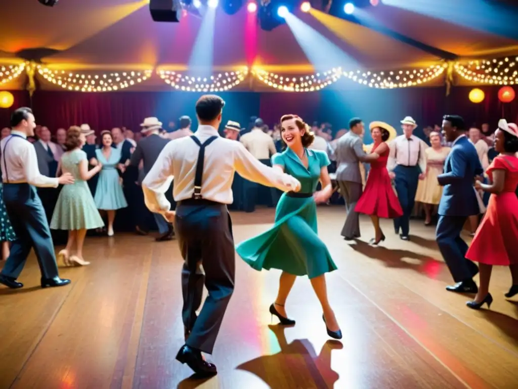 Animado Festival Lindy Hop años dorados: Parejas bailando en el Savoy al ritmo del swing, rodeados de alegría y elegancia vintage