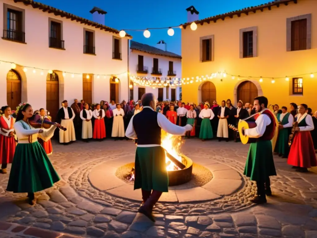 Un animado festival navideño en una plaza española, con músicos tocando la zambomba y la gente disfrutando de la música y el baile