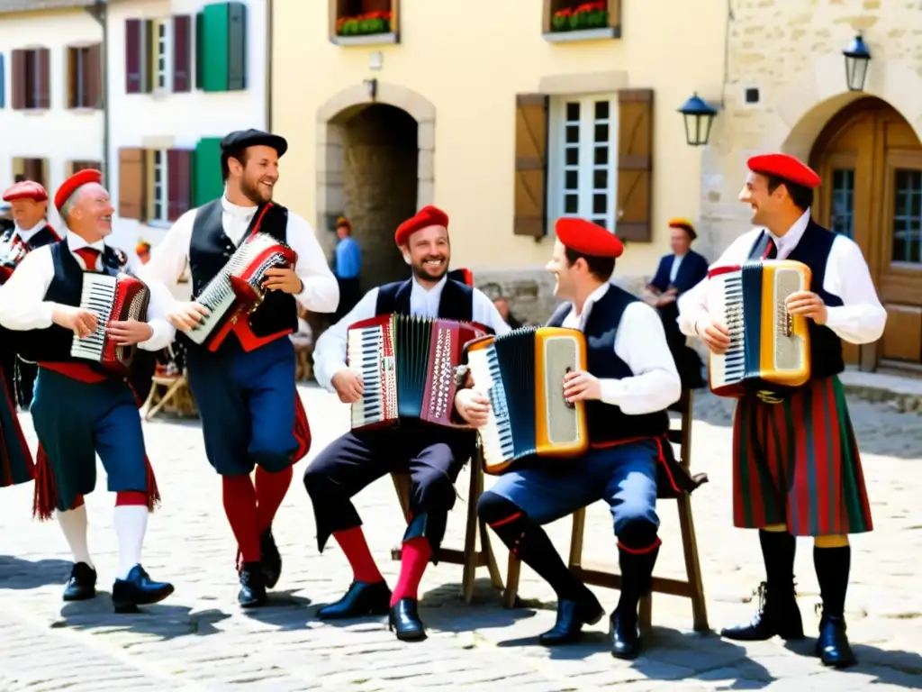 Un animado grupo de músicos tradicionales auverneses interpreta bourrée auvergnate en una plaza francesa, rodeado de espectadores entusiastas