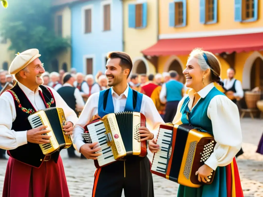 Un animado grupo de músicos tradicionales del Este de Europa tocando instrumentos musicales en danzas tradicionales en una bulliciosa plaza del pueblo