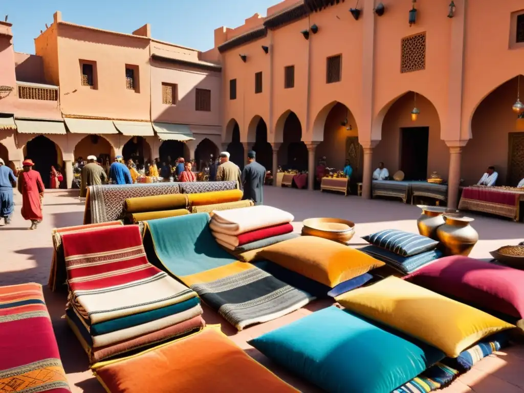 Animado mercado en Marrakech, Marruecos, con músicos locales tocando música auténtica para danzas exóticas