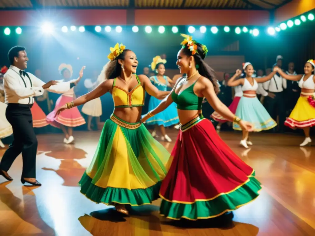 Un animado salón de baile de forró con trajes tradicionales brasileños y música vibrante