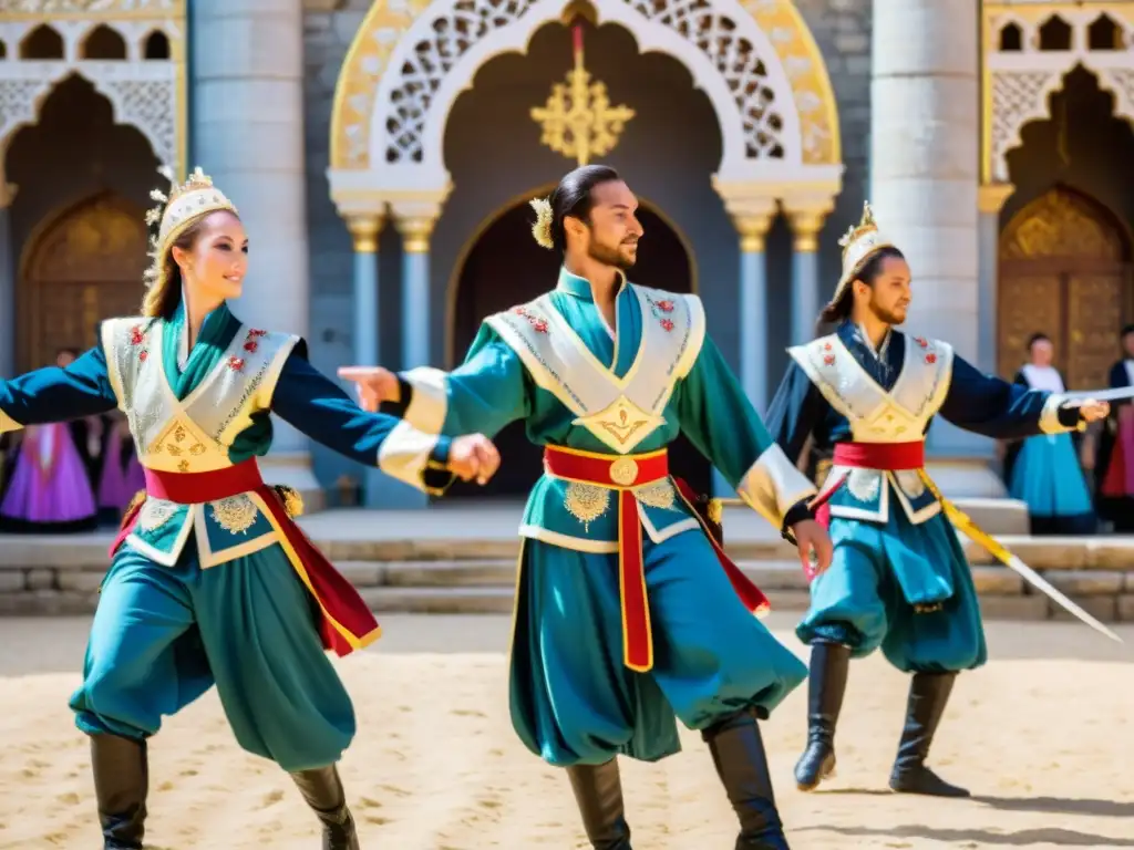 Un antiguo grupo de baile europeo realiza la danza de espadas en el patio de un castillo, mostrando el significado histórico de esta tradición europea