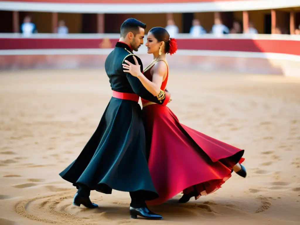 Una apasionada actuación de paso doble en una plaza de toros española, capturando la intensa esencia cultural del paso doble