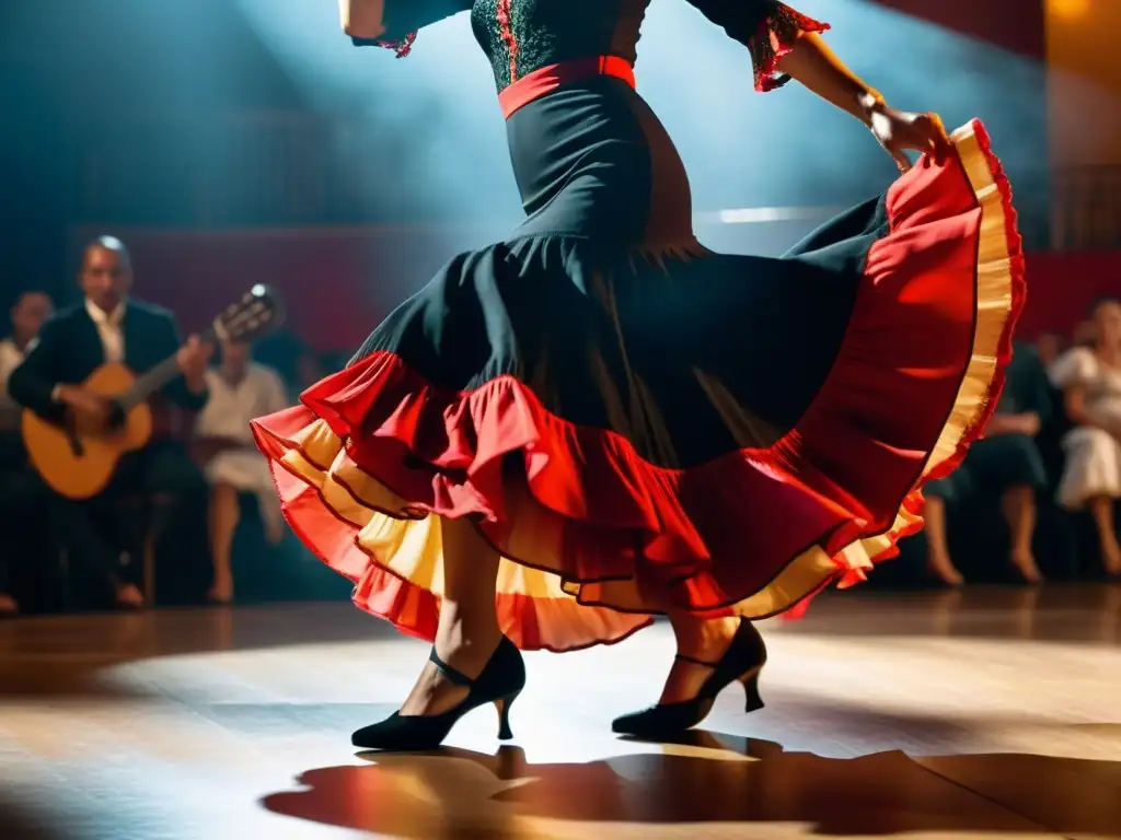 Una apasionada bailarina de flamenco en pleno zapateado, reflejando la evolución del zapateado en danza flamenca con intensidad y destreza