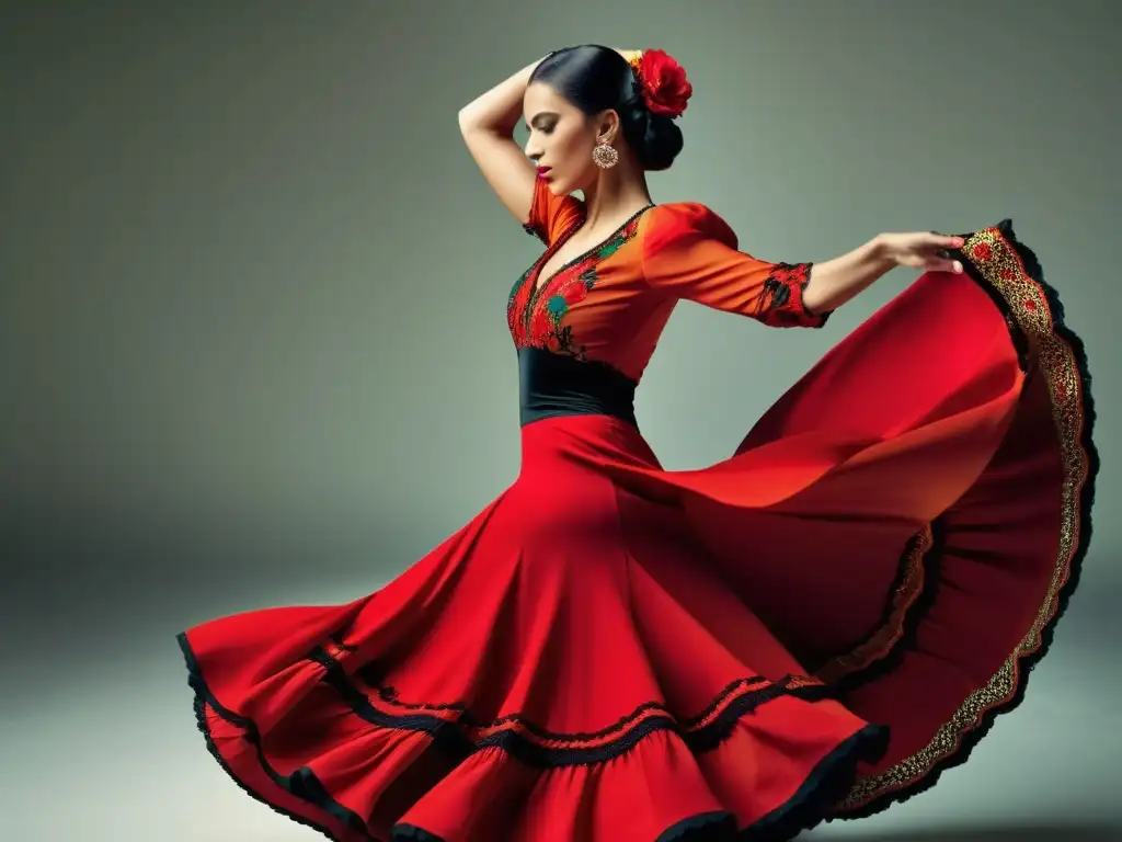 Una apasionada bailarina de flamenco en pleno movimiento, exudando intensidad y pasión en su arte de la danza andaluza