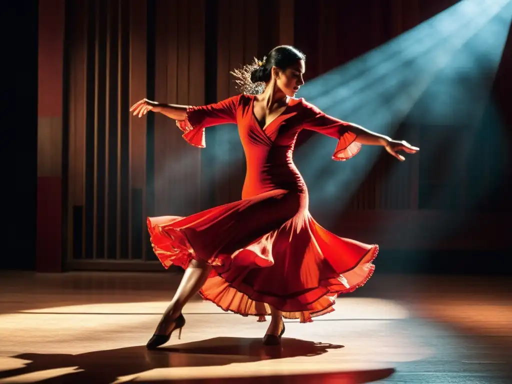 Una apasionada bailarina de flamenco en un tablao español, con un vestido rojo vibrante, movimientos gráciles y expresión intensa