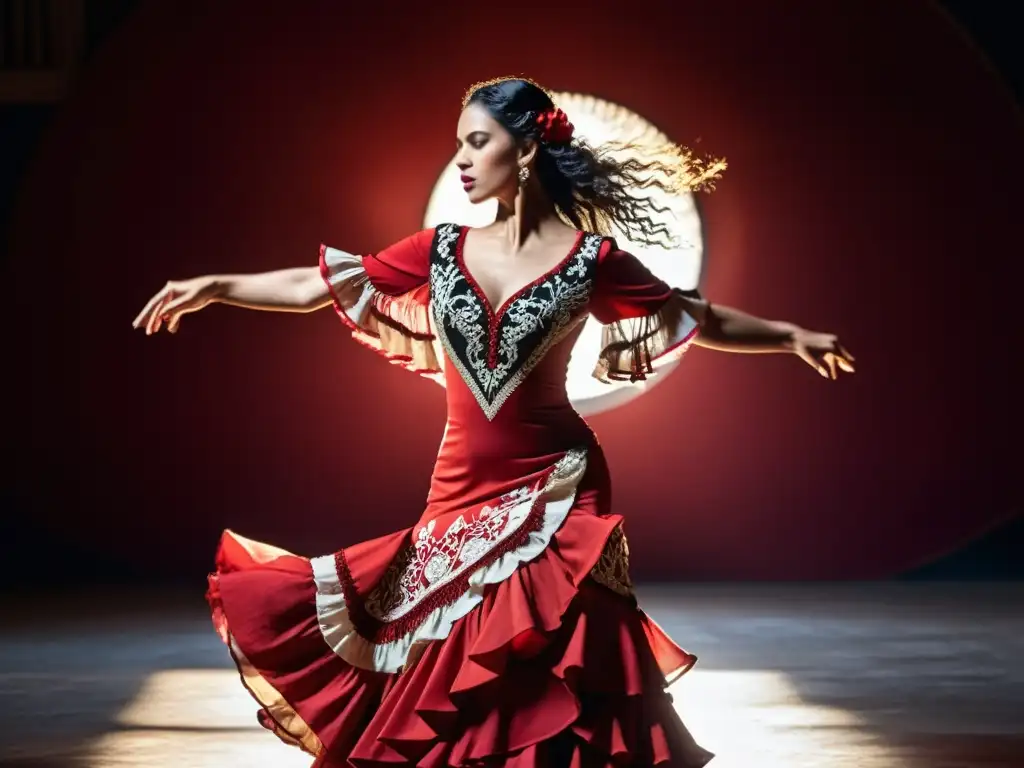 Una apasionada bailarina de flamenco en vestido rojo, expresando intensa concentración y gracia en su danza, destacando el arte de la danza andaluza