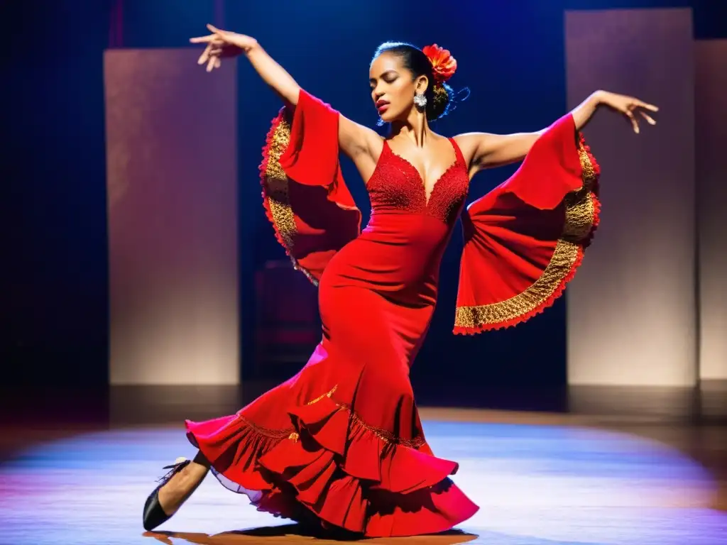 Una apasionada bailarina de flamenco en un vestido rojo levanta los brazos y arquea la espalda en el escenario, en conexión con la música africana