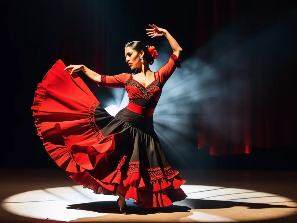 Una apasionada bailarina de flamenco con vestido rojo y negro, expresando el significado cultural del flamenco con intensidad y gracia en el escenario