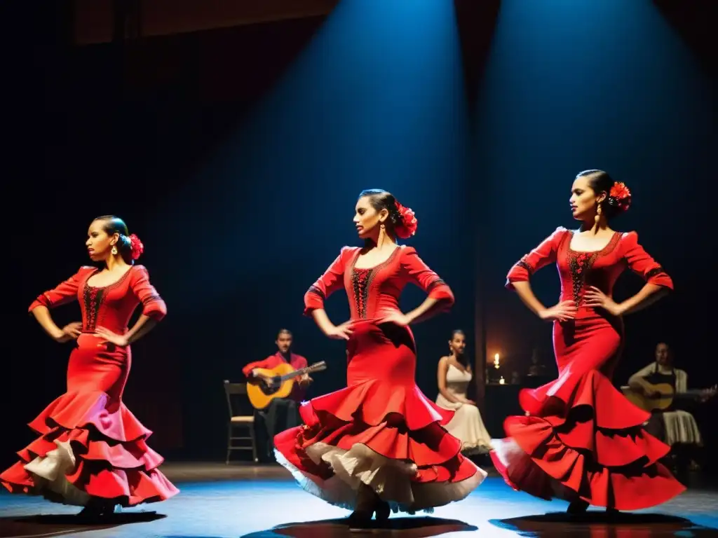 Apasionada presentación de bailarines de flamenco en un escenario tenue, destacando sus vibrantes trajes