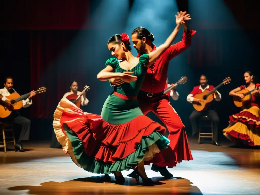 Apasionada actuación de bailarines de Flamenco en un escenario con iluminación tenue