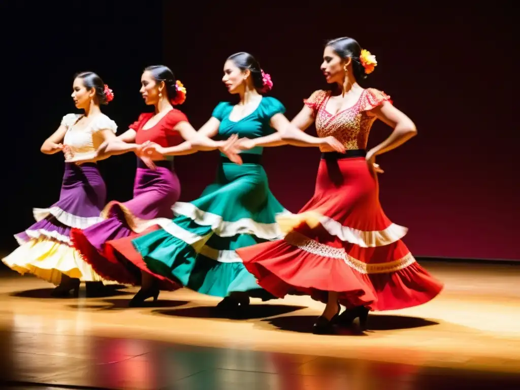 Apasionada actuación de baile flamenco aficionado, con faldas coloridas y luces cálidas en el escenario