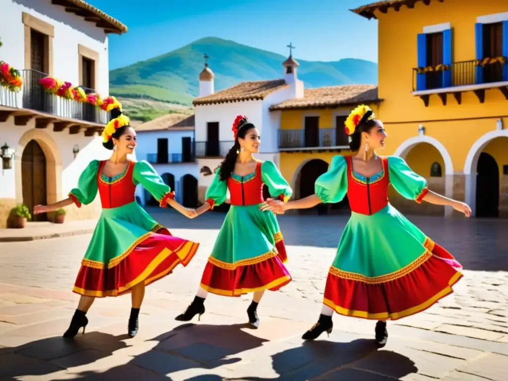 Apasionada Danza de los Bastones en la plaza de un encantador pueblo español, con trajes coloridos y movimientos intrincados