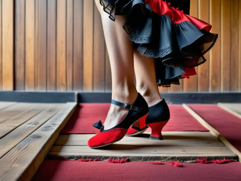 Apasionada danza flamenca con zapatos negros y rojos sobre el escenario de madera, reflejando la tradición y energía