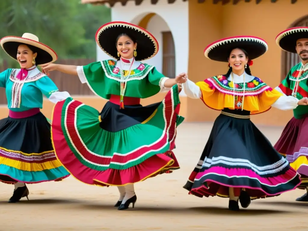 Apasionada danza del Jarabe Tapatío con trajes coloridos y música alegre