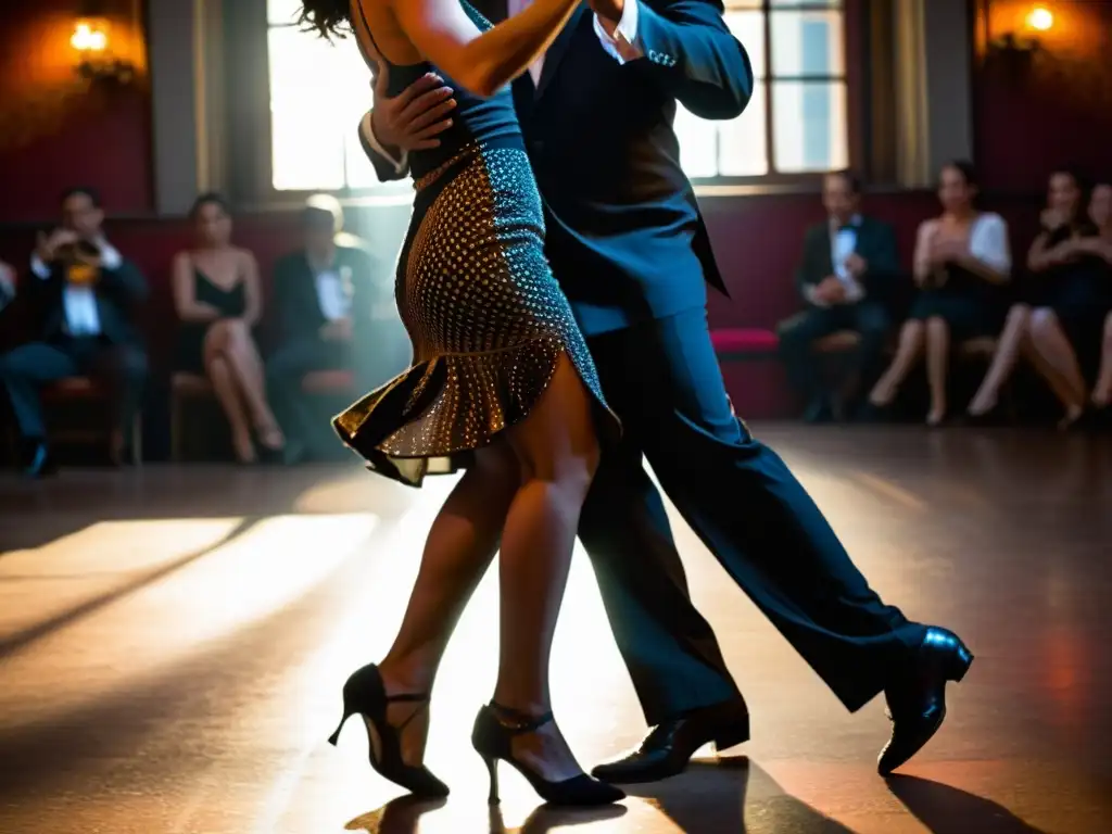 Apasionada danza del tango argentino en una milonga, con vestimenta tradicional y emotiva conexión entre los bailarines