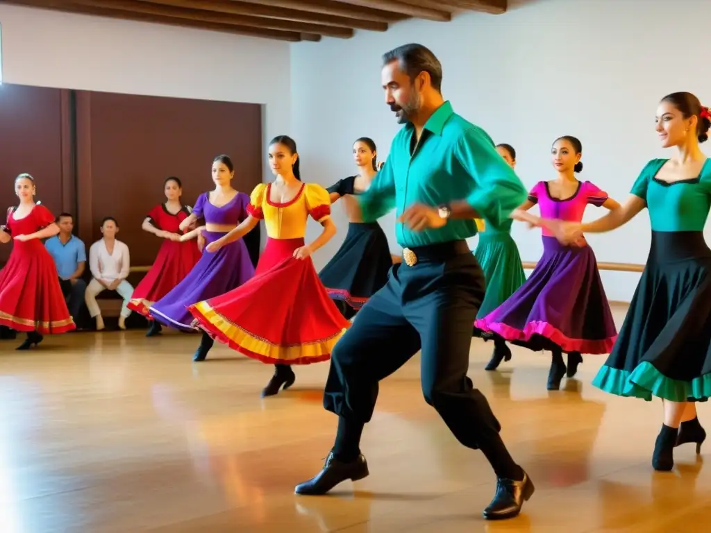 Apasionada masterclass de danzas regionales España: vibrantes trajes folclóricos, movimientos precisos y energía contagiosa