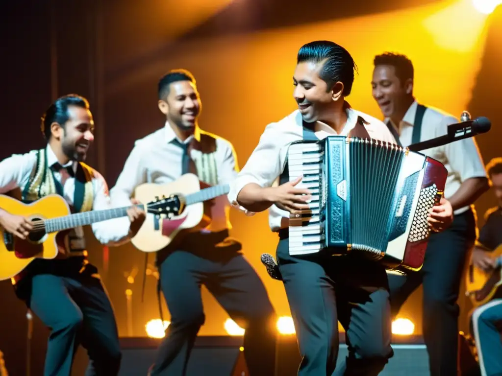 Apasionada presentación de músicos de cumbia, con acordeonista en el centro, expresiones vibrantes y danza de cumbia pasos básicos