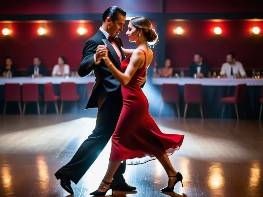 Apasionada pareja bailando tango en salón tradicional argentino