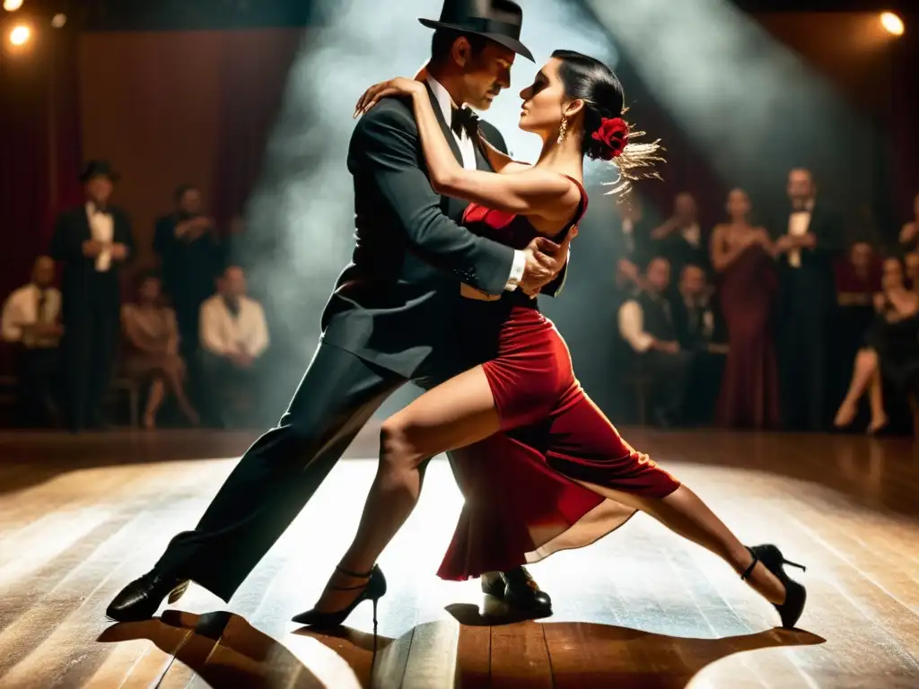 Expresión apasionada de tango en Buenos Aires, con trajes tradicionales y una intensa conexión en el escenario iluminado