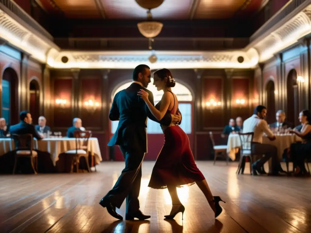 Apasionadas parejas bailando tango en un histórico club de Buenos Aires, con la elegancia desgastada de su arquitectura