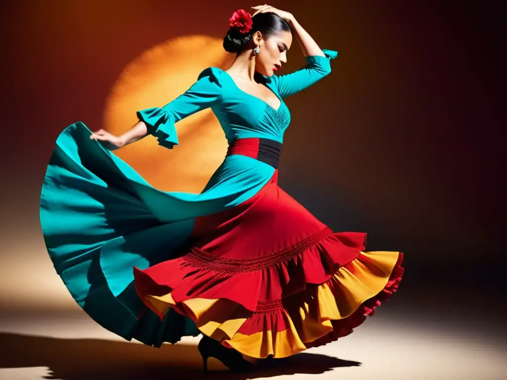 Un apasionado bailarín de flamenco en traje tradicional, con movimientos expresivos congelados en intensa emoción