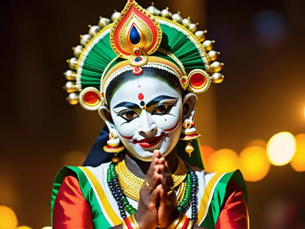 Un apasionado bailarín de Kathakali captura el significado cultural del Kathakali en Kerala con expresiones faciales dramáticas y vestuario vibrante, actuando en un escenario iluminado por cálidas luces coloridas