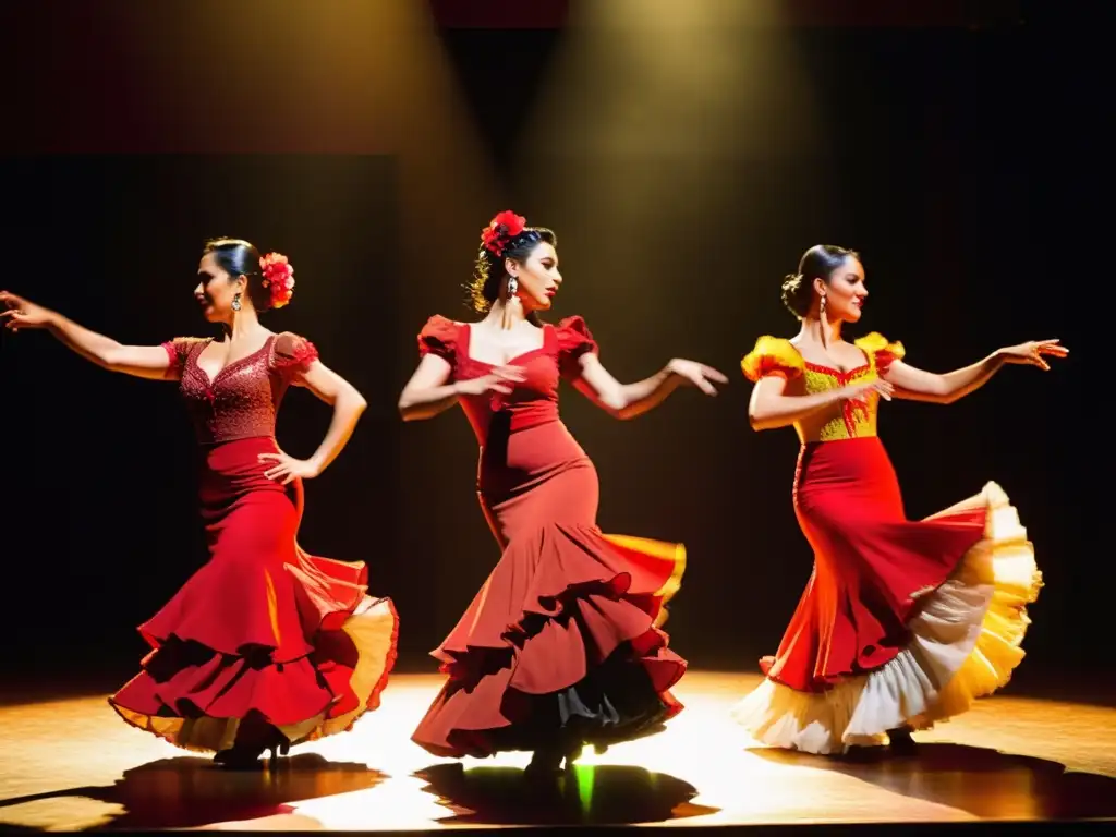 Apasionado baile flamenco festival internacional: Bailarines vibrantes en escenario iluminado, expresiones intensas y movimientos emocionantes