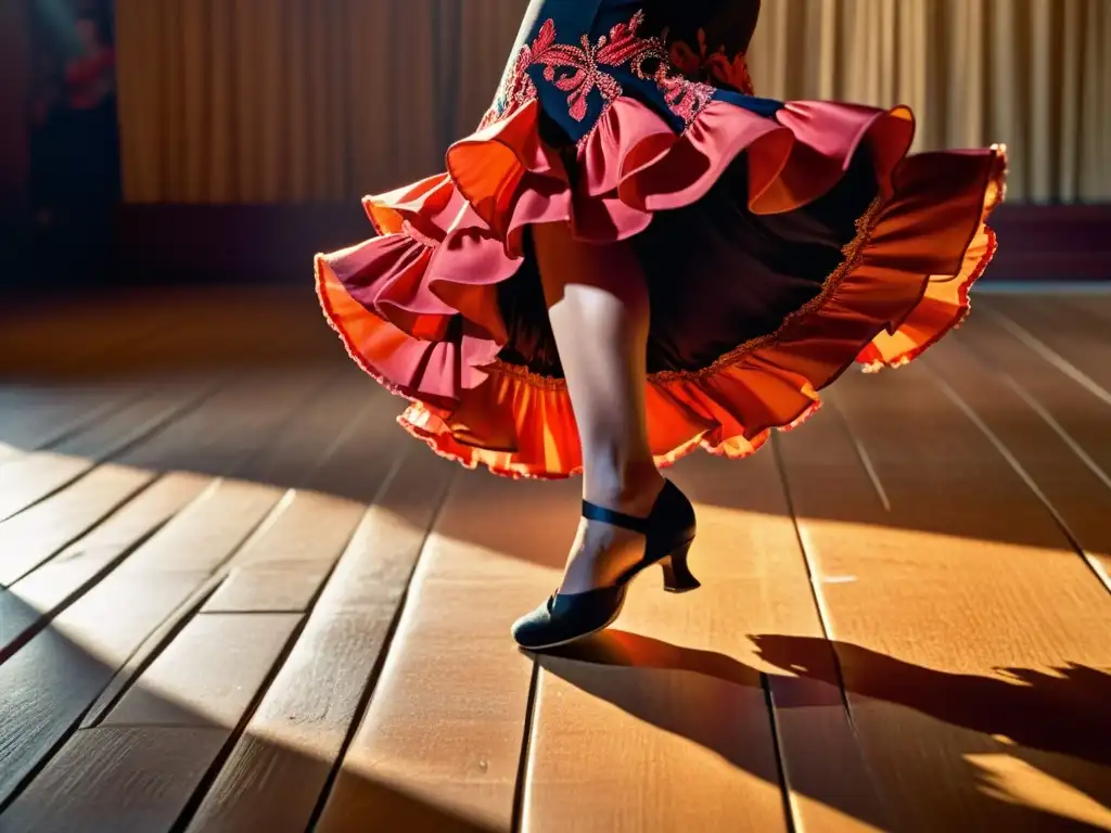 Un apasionado baile de flamenco con técnica y emoción en el escenario iluminado, ideal para aprender técnicas pedagógicas para aprender flamenco