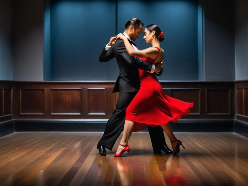 Apasionado baile de tango argentino en una íntima habitación con suelo de madera y pareja en armonía