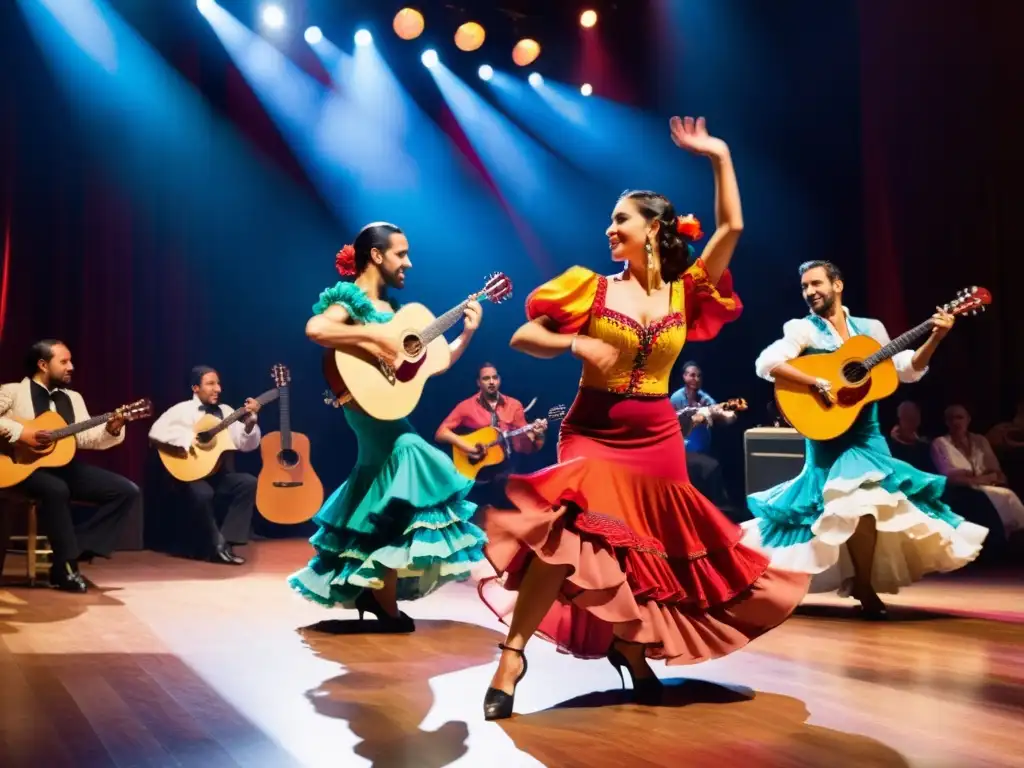 Apasionado baile tradicional de la zarzuela con coloridos trajes y música vibrante en un escenario dramático