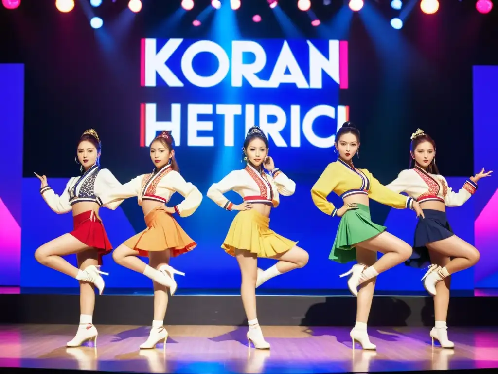 Un apasionado grupo de bailarines de Kpop en un escenario, vestidos con moda coreana moderna y colorida