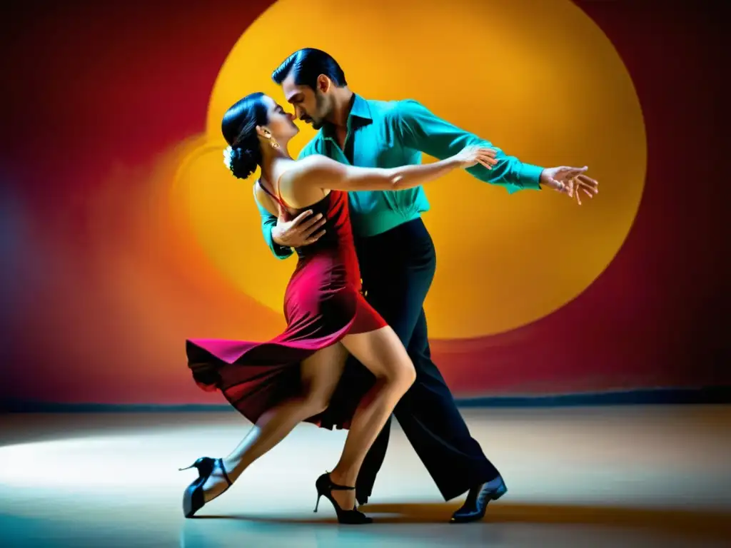 Un apasionado bailarín de tango tradicional capturado en medio de la danza, con colores vibrantes y movimientos dinámicos