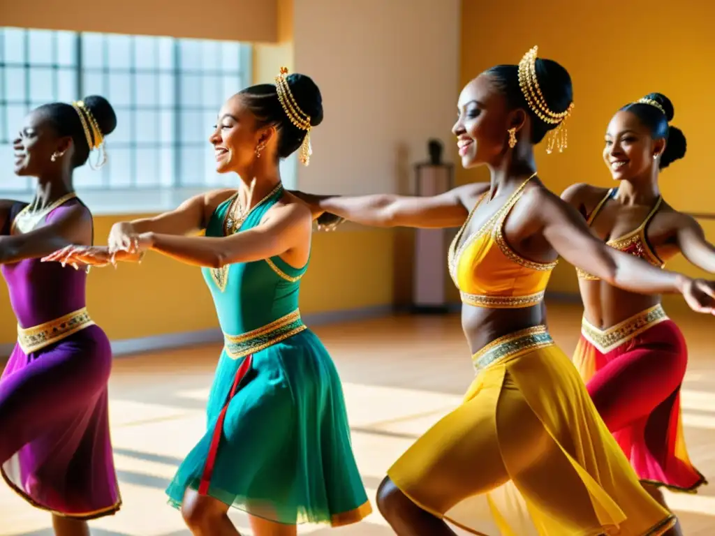 Apasionados bailarines practican danza tradicional en estudio iluminado, mostrando la riqueza cultural de Paquetes VIP para aficionados a la danza