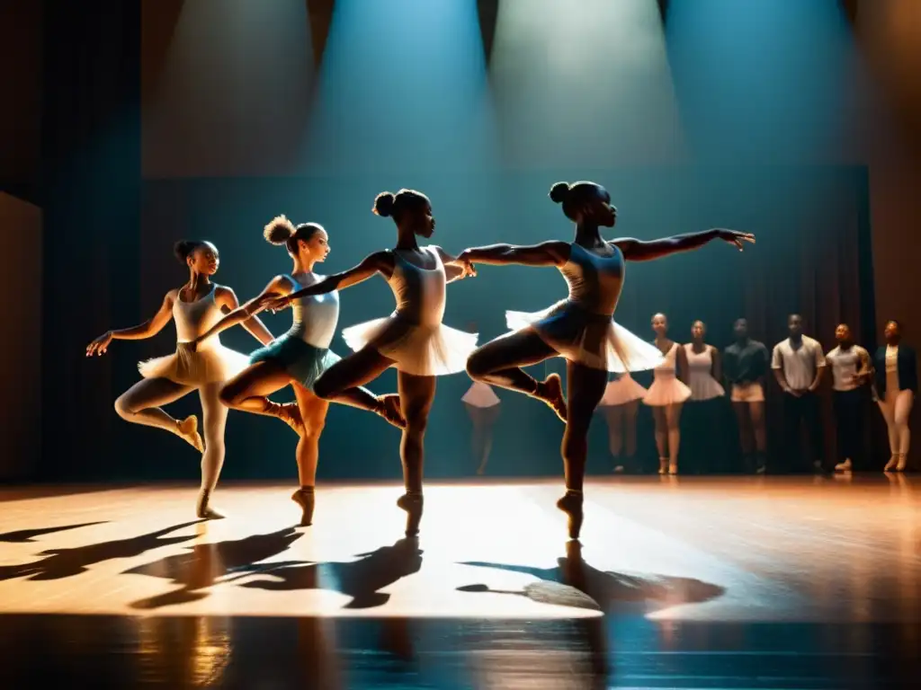 Apasionados bailarines ejecutan diversos estilos con intensidad, creando una escena visualmente impactante