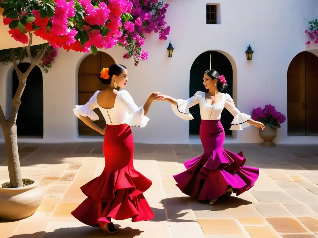 Apasionados bailarines de flamenco en un patio soleado, vistiendo trajes tradicionales vibrantes