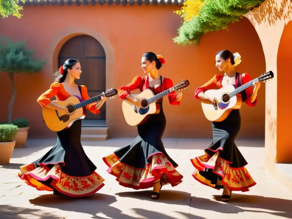 Apasionados bailarines de flamenco en un patio soleado de Andalucía, con trajes vibrantes y música de guitarra española