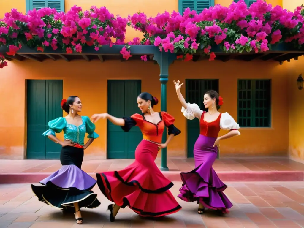 Apasionados bailarines de flamenco practican en un patio soleado rodeado de flores de buganvilla