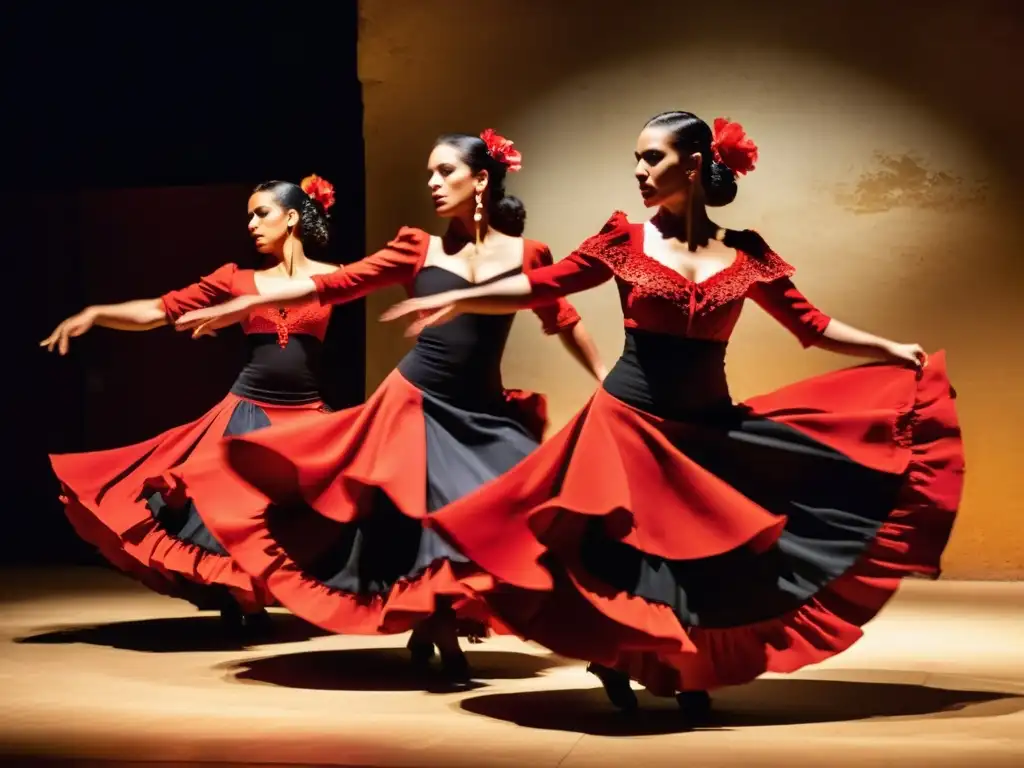 Apasionados bailarines de flamenco en un tablao español, con trajes vibrantes y movimientos llenos de emoción y precisión