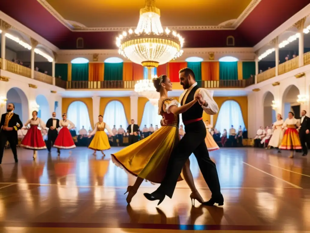 Apasionados bailarines húngaros interpretan la csárdás en un elegante salón, capturando el significado cultural de la csárdás húngara