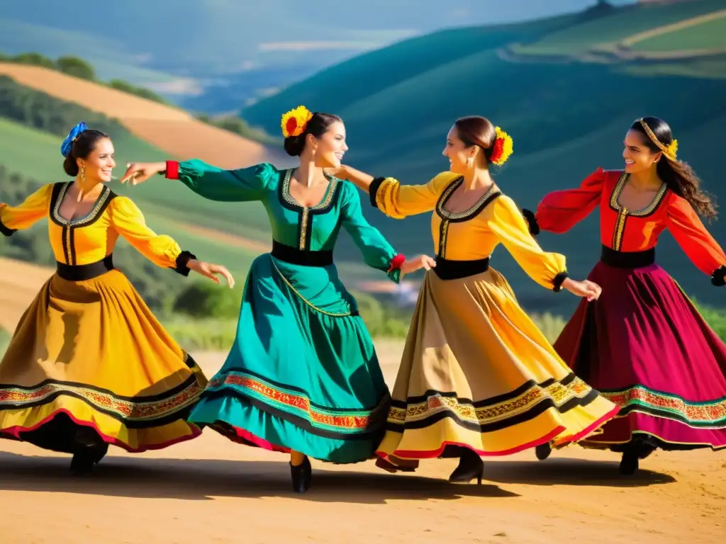 Apasionados bailarines portugueses en trajes tradicionales interpretando el fandango, con movimientos expresivos, en el vibrante campo portugués