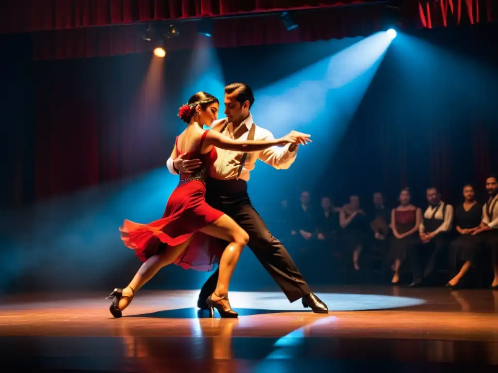 Apasionados bailarines de tango en un escenario iluminado, con movimientos congelados en el aire