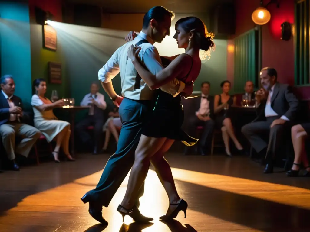 Apasionados bailarines de tango en un íntimo bar de Buenos Aires