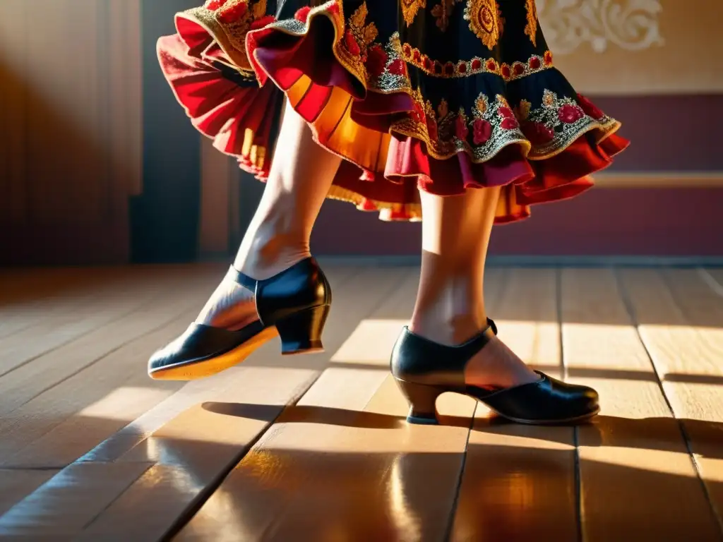 Los apasionados bailes tradicionales de la zarzuela cobran vida en la intensa actuación de la bailarina de flamenco, iluminada por cálida luz dorada