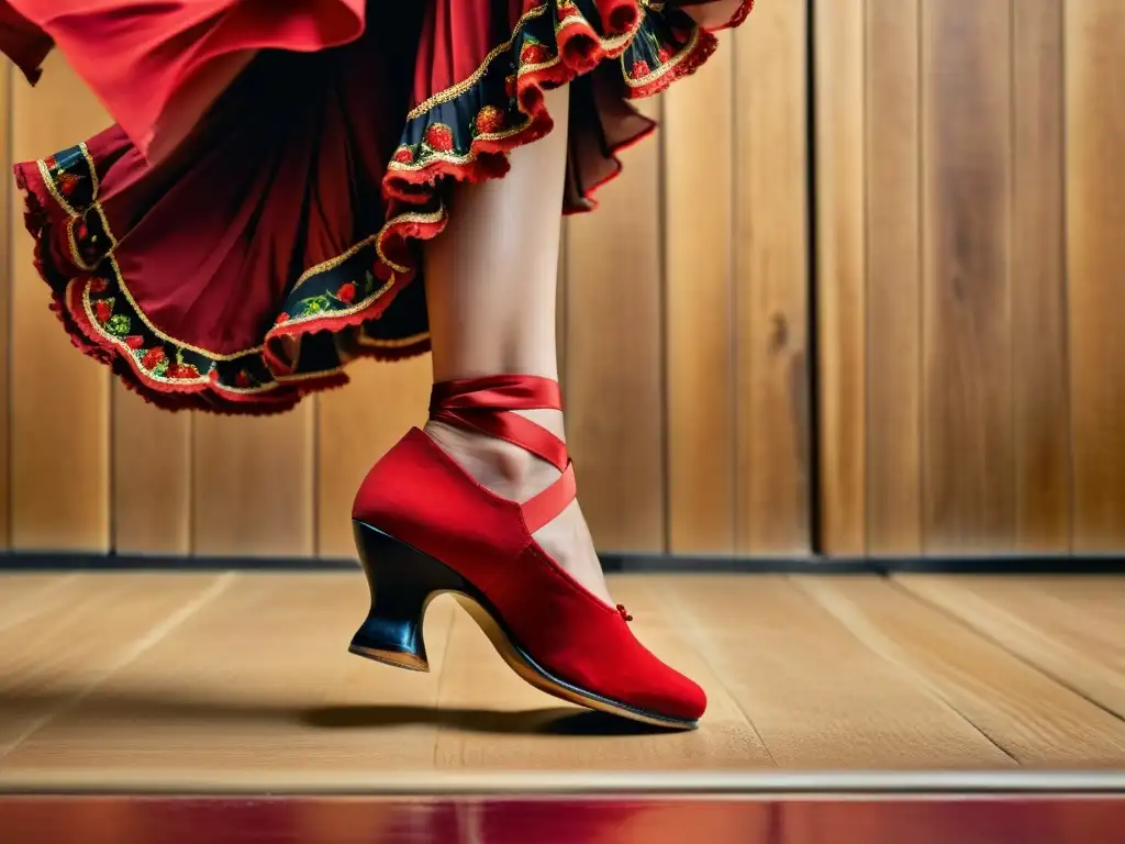 Los apasionados pies de una bailarina de flamenco con zapatos tradicionales, marcando el ritmo en un escenario de madera