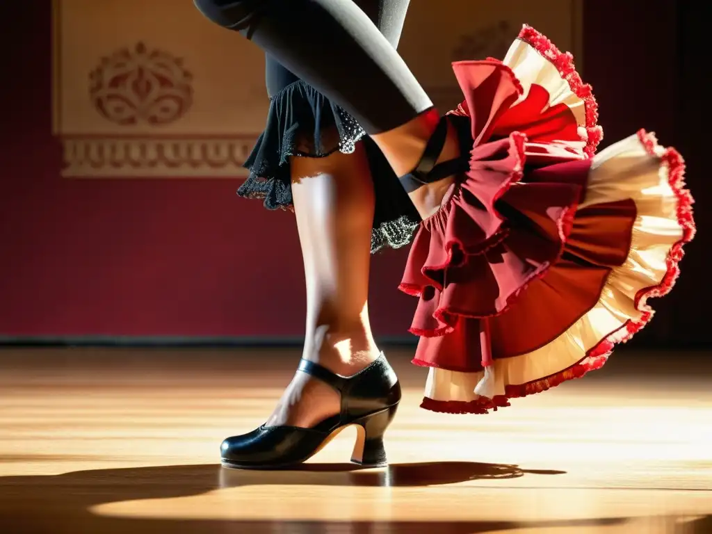 Un apasionante baile flamenco, con zapatos tradicionales, en un escenario iluminado dramáticamente