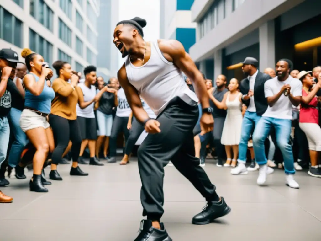 Apasionante batalla de baile krumping en la ciudad, con expresiones llenas de emoción y energía