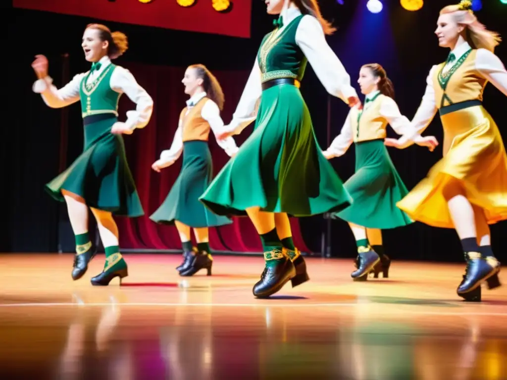 Apasionante actuación de tap dance irlandés en un escenario vibrante, con resonancia cultural danza irlandesa tap