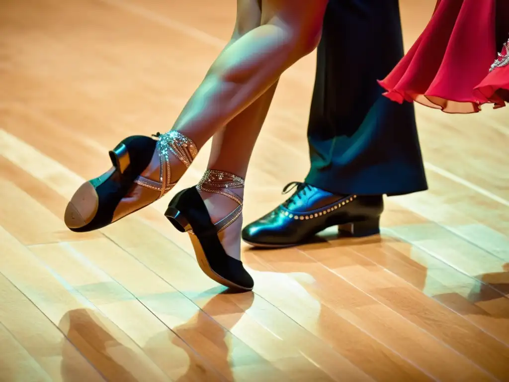 Apasionante competición de danza de salón en Blackpool, con pareja ejecutando un tango impecablemente